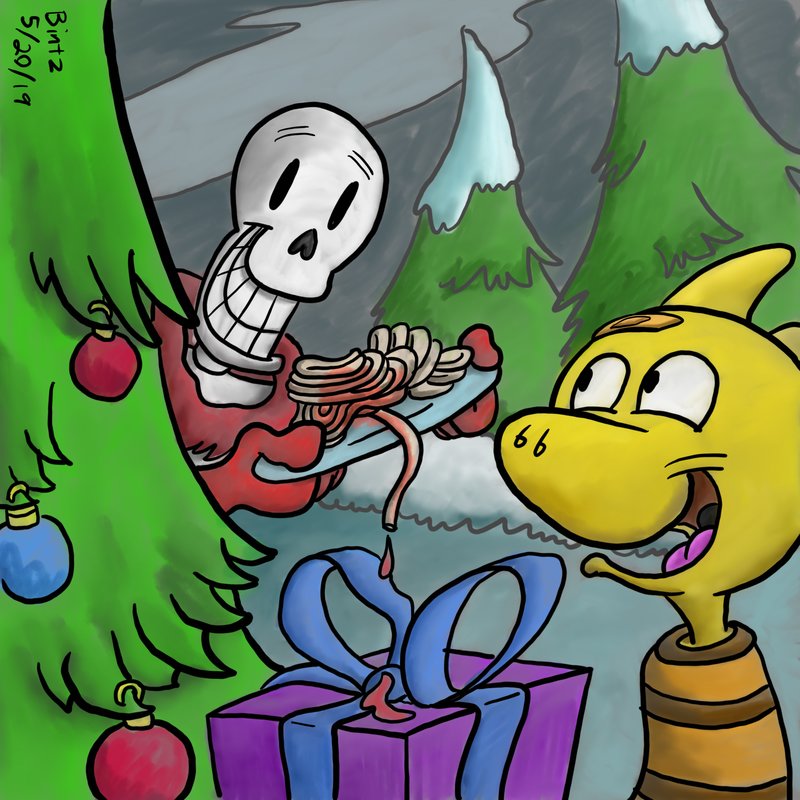 Papyrus has spaghetti and Monster Kid looks on